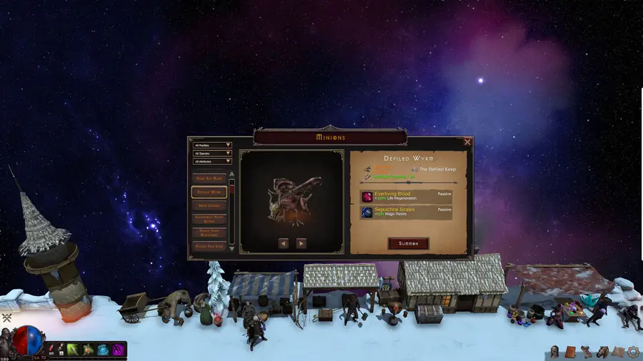 Minion panel with the Defiled Wyrm selected